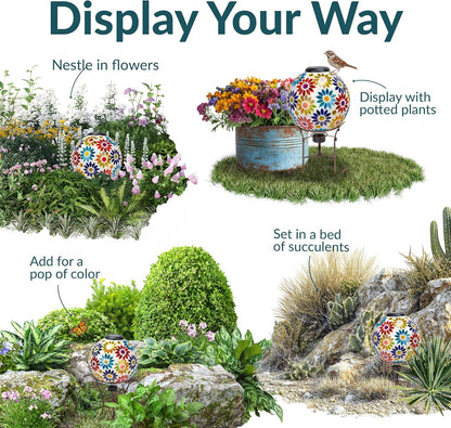 Sunnydaze 10 inch Solar Gazing Ball for Garden - Glass Outdoor Gazing Globe - Midsummer Dahlias