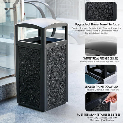 Commercial Metal Outdoor Trash Can with Lid, Lockable Outdoor Garbage Can with Nature Stone Panels, Heavy-Duty Rustproof Trash Bin with Removable Liner for Parks & Public Spaces