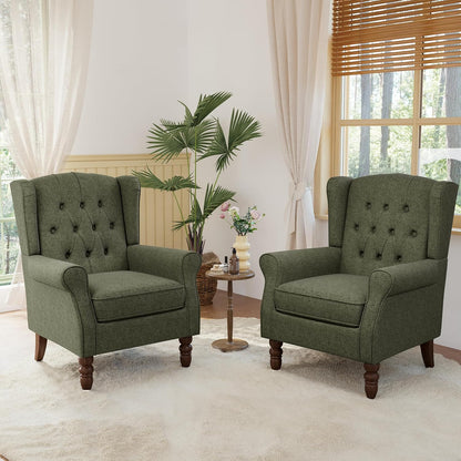 Lumibee High Back Accent Chair Set of 2,Upholstered Wingback Armchair with Solid Wood Legs for Small Spaces,Comfy Single Sofa Chair for Living Room,Bedroom,Office-Green