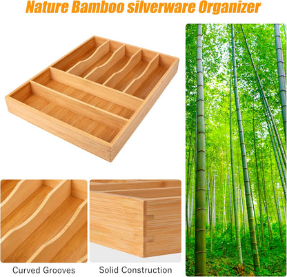 Bellsal Bamboo Silverware Drawer Organizer, Kitchen Utensil Drawer Organizers, 12"x15.7" Utensils Holder Cutlery Tray with Grooved Drawer Dividers for Kitchen Flatware Bedroom Office(7 Slot, Natural)