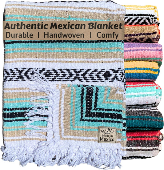 Del Mex Classic Mexican Blanket, Large Authentic Woven Falsa Throw (70"x50"), Artisan Southwest Décor for Beach, Yoga, Outdoors (Mint/Tan)
