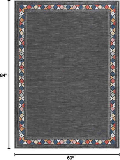 Beverly Rug Outdoor Rug 5x7 Modern Bordered Area Rugs for Indoor and Outdoor Patio Easy to Clean Non Shedding Living Room Porch Garden Washable Outside Carpet (5 x 7 Dark Gray)