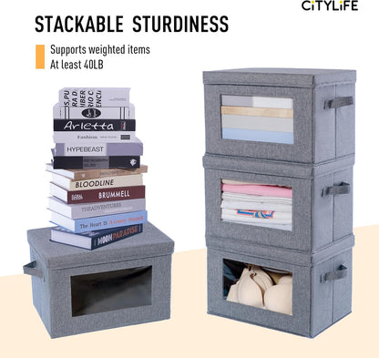 Citylife 3-Pack Collapsible Storage Bins with Lids, Linen Fabric Foldable Storage Boxes, Cube Closet Organization for Clothes, Blankets and Books, Gray