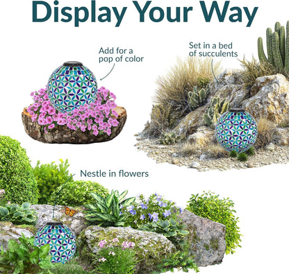 Sunnydaze 10 inch Solar Gazing Ball for Garden - Glass Outdoor Gazing Globe - Mosaic Cool Blooms