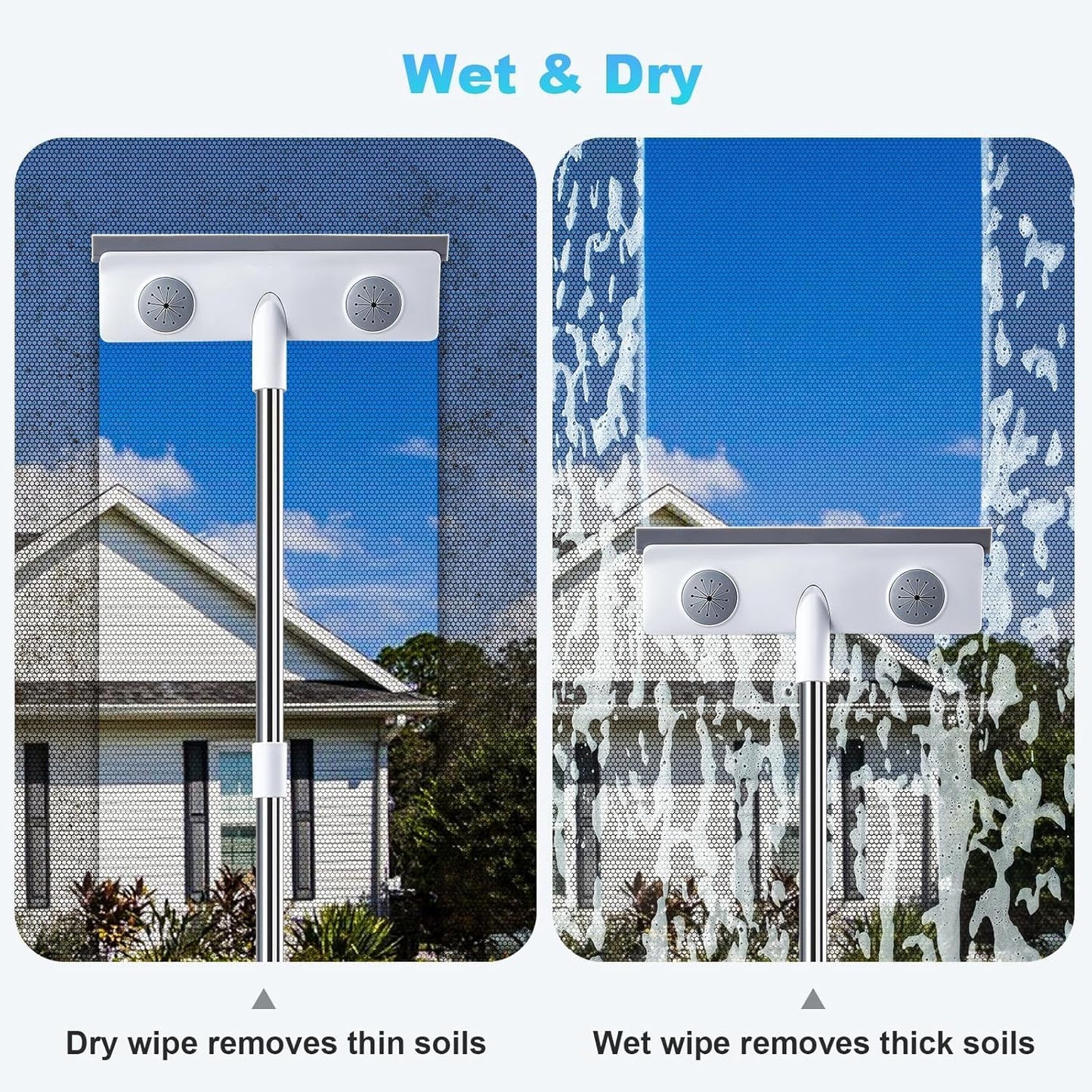 IMHO Mesh Screen Cleaner, Glass Wiper, Dust Paper Clip，3 in 1 Wet and Dry Screen Cleaner with Long Handle Wiper for Shower, Glass, Floor, Tile Walls, Car Windshield, White