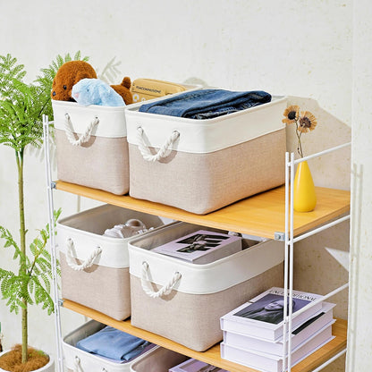 15x11x9.5 Inch Storage Baskets for Shelves,3 Pack Storage Bins，Foldable Organizer Boxes, Decorative Storage Basket for Organizing Clothes, Toys, Books, Foldable Cloth Baskets (White&Beige)