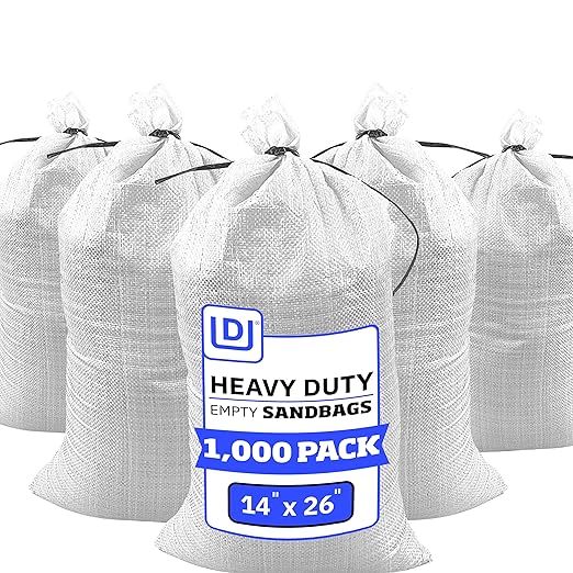 DURASACK Heavy Duty Sand Bags with Tie Strings Empty Woven Polypropylene Sand-Bags for Flood Control with 1600 Hours of UV Protection, 50 lbs Capacity, 14x26 inches, White, 1000 Count