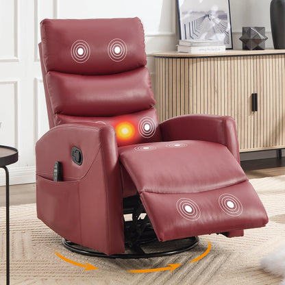 Manual Swivel Rocker Recliner Chair for Adults, Overstuffed Reclining Glider Chair for Nursing with Vibration Massage & Heat, Living Room Rocking Recliner 3-Stage backrest, Faux Leather Red