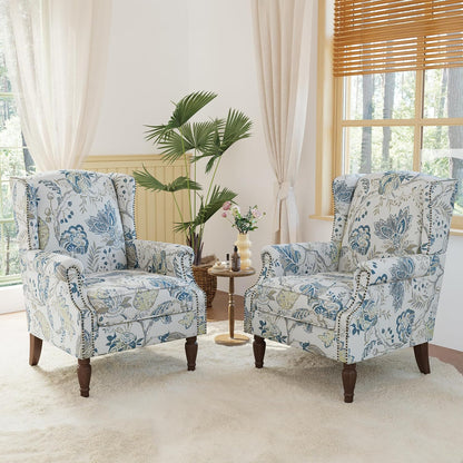 Lumibee Wingback Accent Chair, 2 Set High Back Floral Armchairs in Fabric,Comfy Upholstered Reading Single Sofa Chairs with Solid Wood Legs for Living Room,Bedroom,Office-Plants Blue