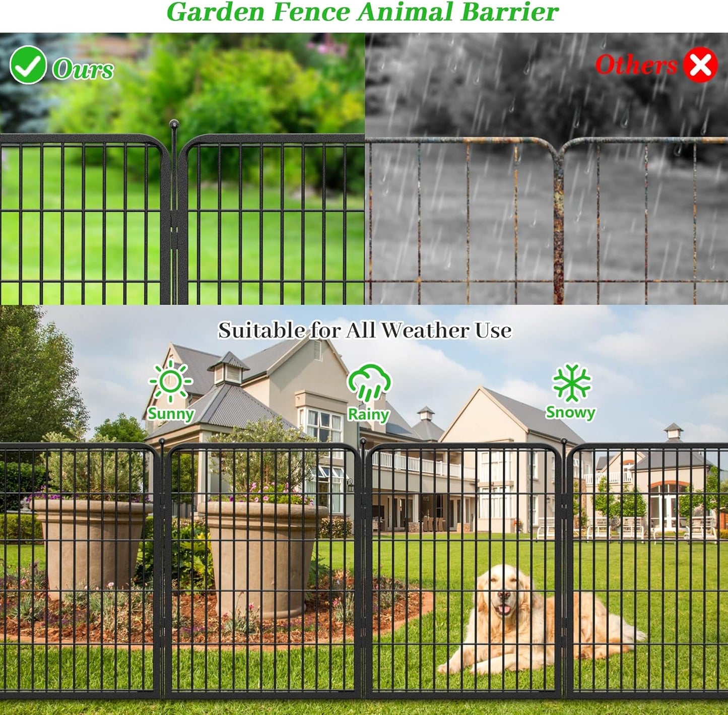 Decorative Black Metal Fencing Garden Fence with Gate, 36ft(L) 32in(H) 16 Fence Panels No Dig Fence Rustproof Animal Barrier Fence Temporary Dog Panels Fencing Outdoor