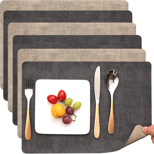 Myir JUN Placemats Dual Sided, Faux Leather Place Mats Set of 6 Indoor Placemat for Dining Table Outdoor Place Mat Manteles Individuales Square Non-Slip Washable Table Mats (Gray Beige, Set of 6)