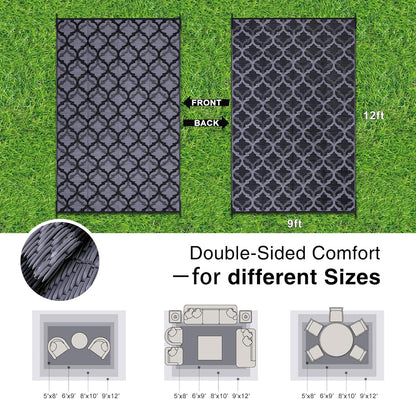 OLANLY Reversible Outdoor Rug 9x12 ft Clearance, Waterproof Outdoor Plastic Straw Rug with Interlacing Pattern, RV Mat for Patio, Camping, Balcony, Deck, Backyard, Black & Grey