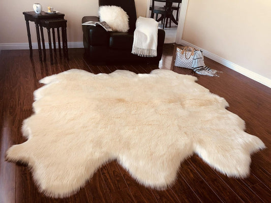 LAMBZY Faux Sheepskin Hypoallergenic Free Shape Silky Shag Rug, Luxury Shaggy Silky Plush Carpet for Bedrooms Rugs Living Kids Room Sofa Floor Rugs (Sexto 6 Pelts 6'x6', 180x180cm, Cream)
