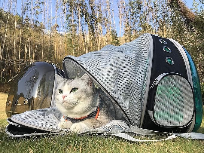 Tinted Blue Cat Backpack, Expandable Space Capsule Polarized Pet Carrier for Kitten Bunny Small Dog, Pet Carrying Hiking Traveling Backpack