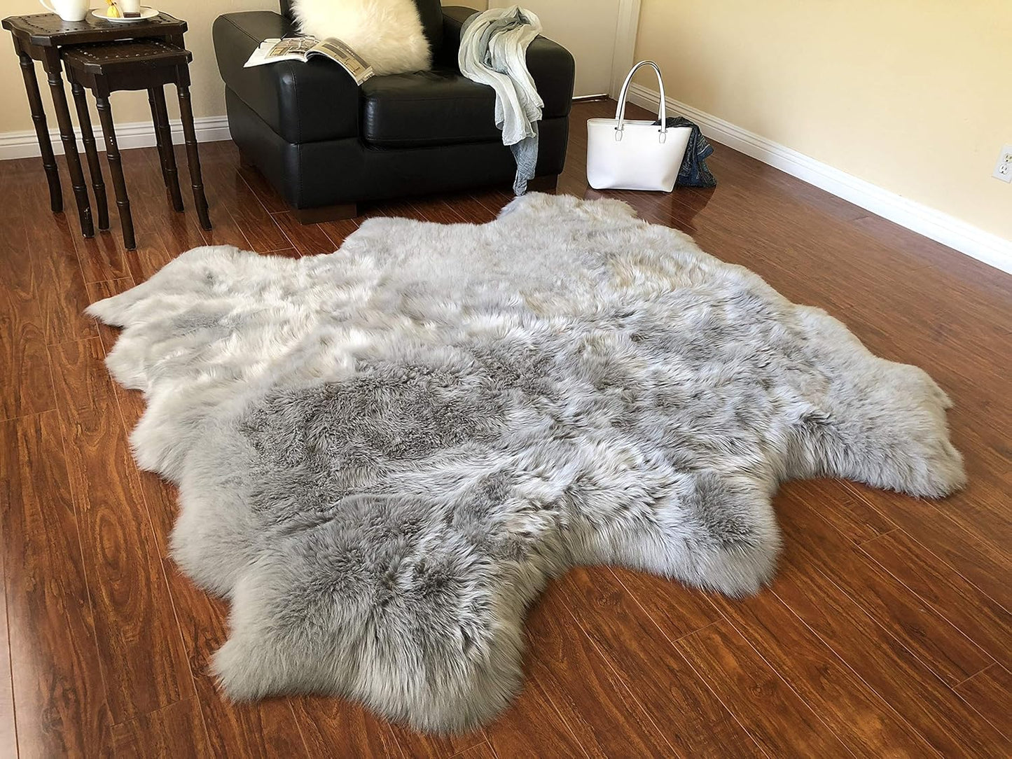 LAMBZY Faux Sheepskin Hypoallergenic Free Shape Silky Shag Rug, Luxury Shaggy Silky Plush Carpet for Bedrooms Rugs Living Room Kids Rooms Sofa Floor Rugs (Sexto 6 Pelts 6'x6', Grey)