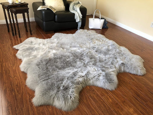 LAMBZY Faux Sheepskin Hypoallergenic Free Shape Silky Shag Rug, Luxury Shaggy Silky Plush Carpet for Bedrooms Rugs Living Room Kids Rooms Sofa Floor Rugs (Sexto 6 Pelts 6'x6', Grey)