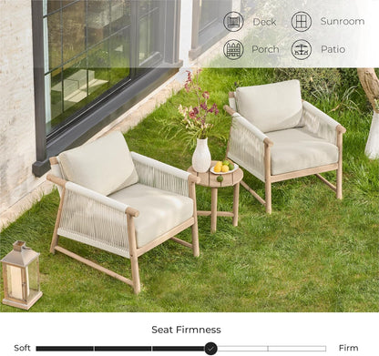 CHITA 3 Pieces Boho Patio Rattan Bistro Set, Outdoor Wicker Chairs & Side Table Set with Acacia Wood Frame(Cream)