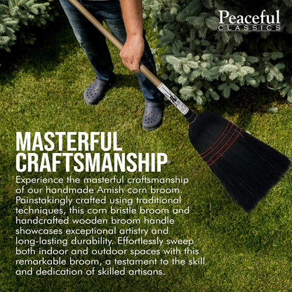 Handmade Amish Corn Broom with Wooden Handle – 57" Heavy Duty Broom for Courtyard, Lobby & Market, 100% Corn Fill Straw Broo'm, 4 Sews Indoor & Outdoor Bristle for Sweeping - Black