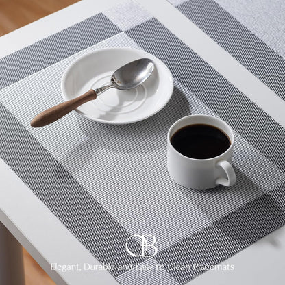 Placemats Set of 6 - Easy Clean Woven Vinyl Placemats for Dining Table, Indoor/Outdoor Place Mats, Washable PVC Table Mats （Silver Cube）