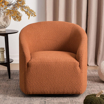 KINWELL 32" Wide Swivel Boucle Accent Chair Armchair, No Assembly Mid-Century Modern Round Upholstered Barrel Chair for Living Room, Bedroom, Office (Caramel)