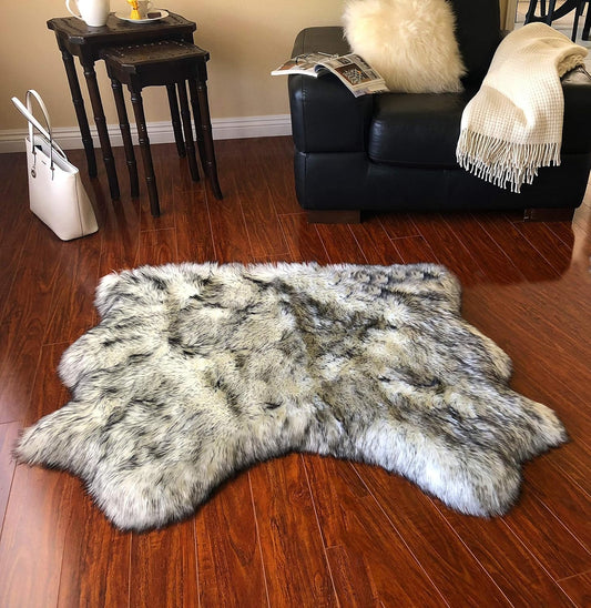LAMBZY Faux Sheepskin Hypoallergenic Free Shape Silky Shag Rug, Luxury Shaggy Silky Plush Carpet for Bedrooms Rugs Living, Sofa Floor (Double Side by Side 3'x4', White with Black Tips)