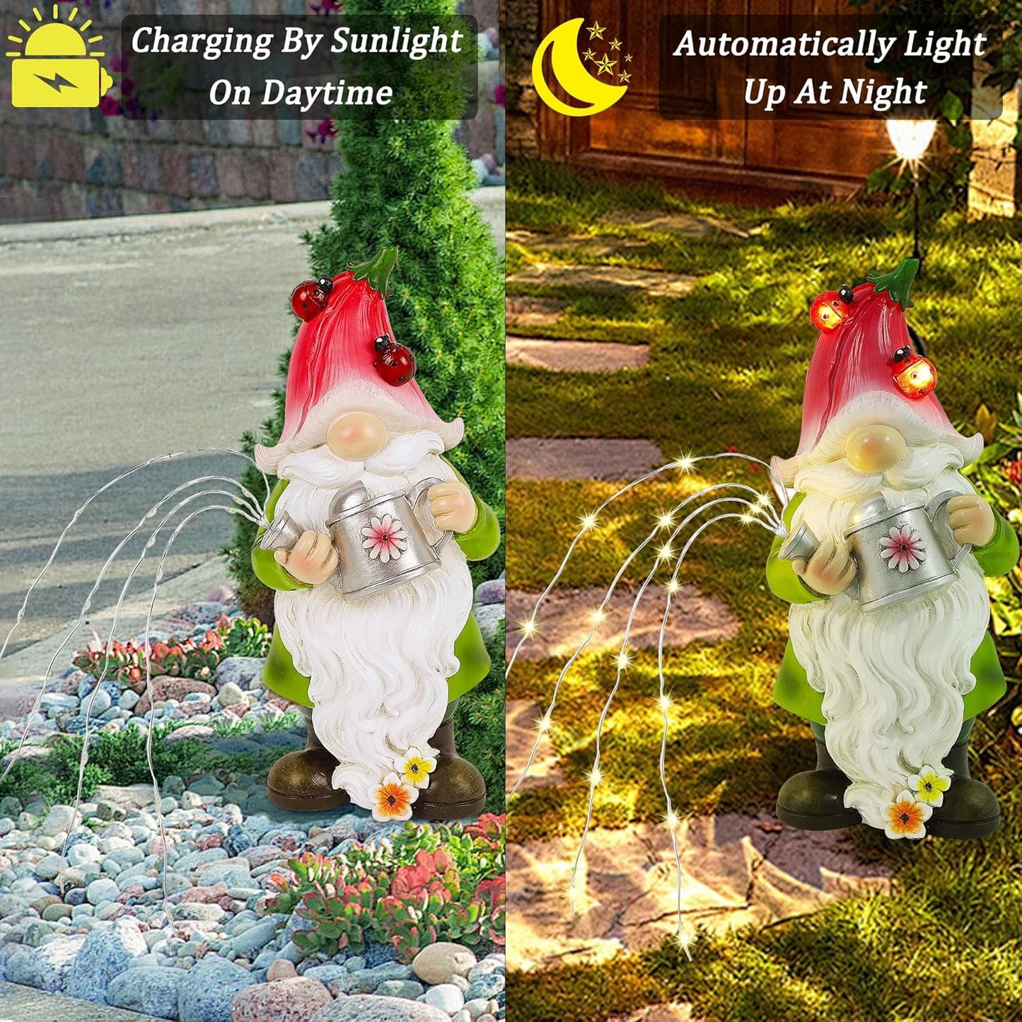 Joliyoou Solar Garden Statue Outdoor Decor, 10.2" H Resin Gnome with Watering Can & Solar Fairy Lights, Waterproof Standing Gnome Figurine for Lawn Yard Pathway Patio Front Door Decoration