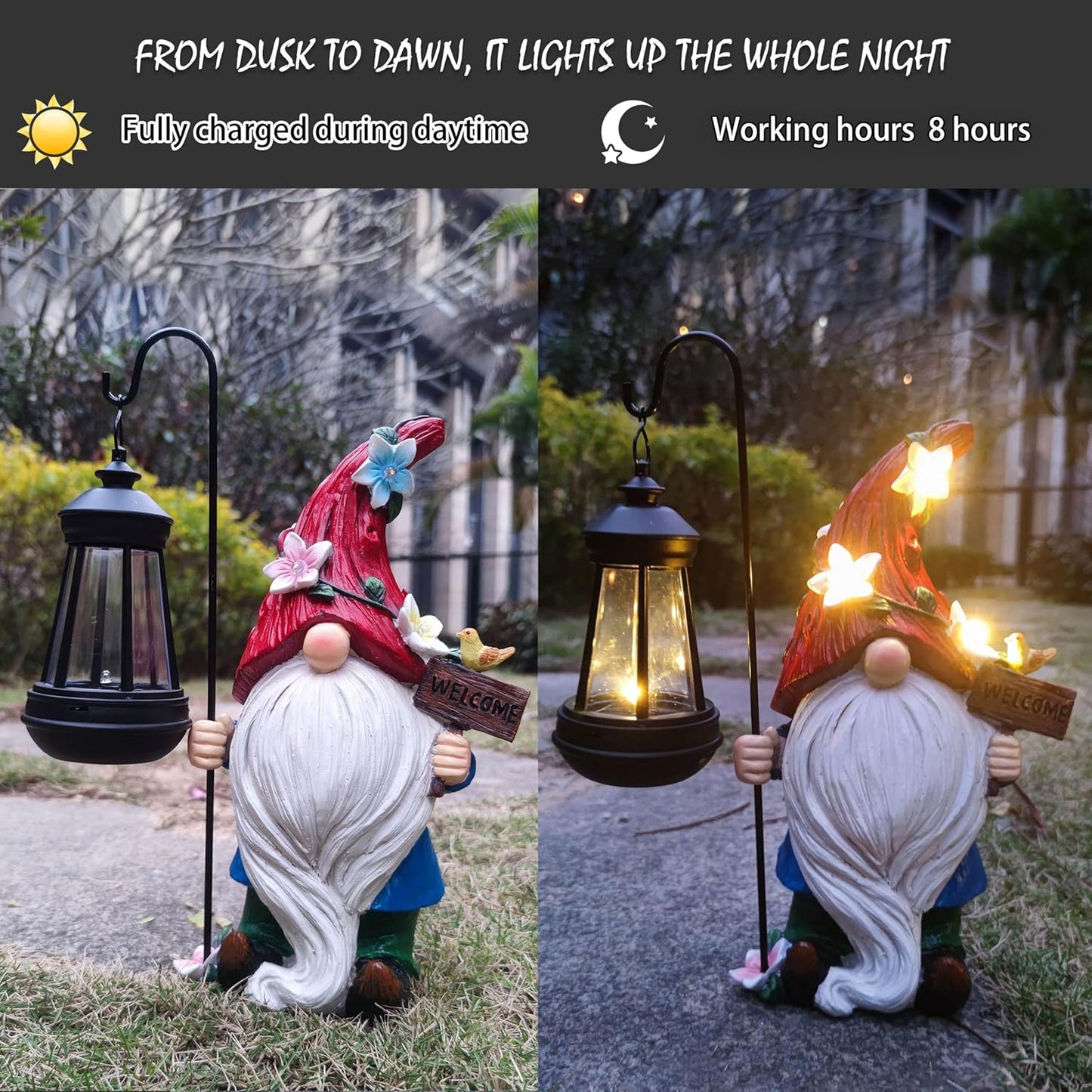 Solar Garden Gnomes Statue with Succulent and 4 LED Lights - Solar Lantern Gnomes Decorations for Yard Outdoor gnome Decorations for Garden, Patio Gnome Gifts for Mom