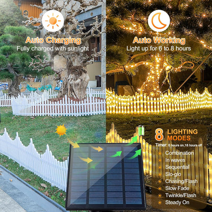 Hopolon 4 Pack Solar Garden Lights Outdoor, 11.1in (H) X 4.6ft (L) 144 Led White Picket Fence Border Solar Powered with Remote, Decorative Christmas Lights for Tree Yard Pet Barrier