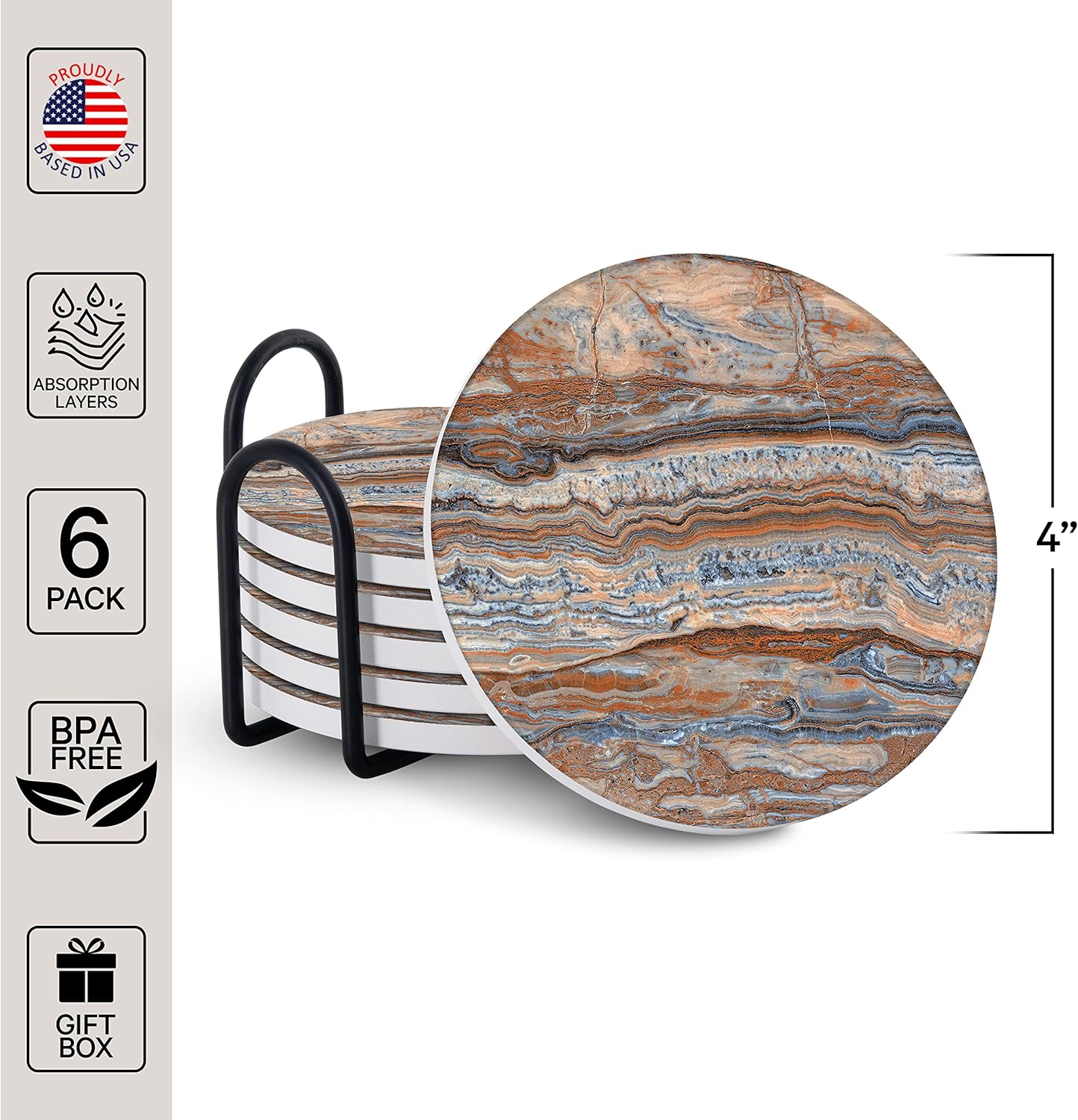 Emerson Coasters for Drinks Absorbent – Natural Stone Drink Coasters Set with Holder, Coasters for Coffee Table, Wooden Tabletop Protection Marble Style – 100% Heavy Duty Set of 6 (Terra)