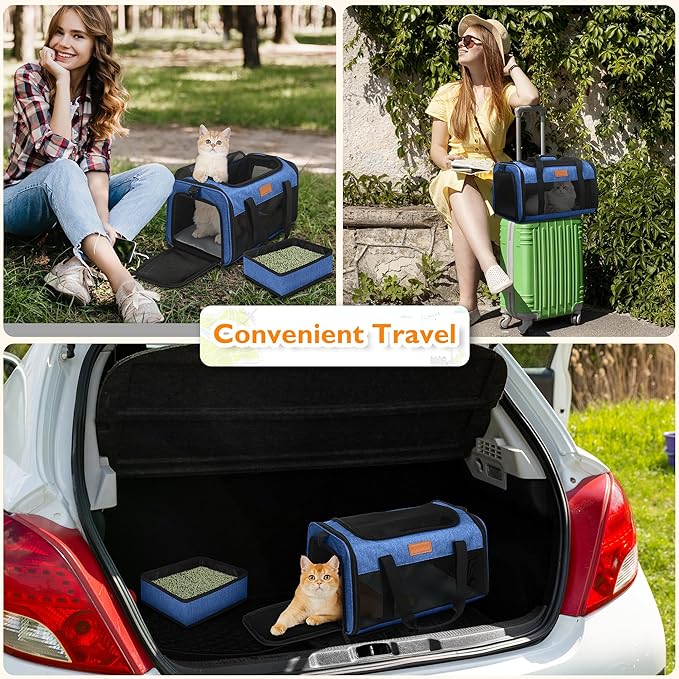 PETUX Cat Travel Carrier with Litter Box - 17"x11"x9.5", TSA Airline Approved, Underseat, Soft Sided Pet Carrier for Small Cats Under 12 lb with Safety Zipper, Anti-Scratch Mesh - Blue