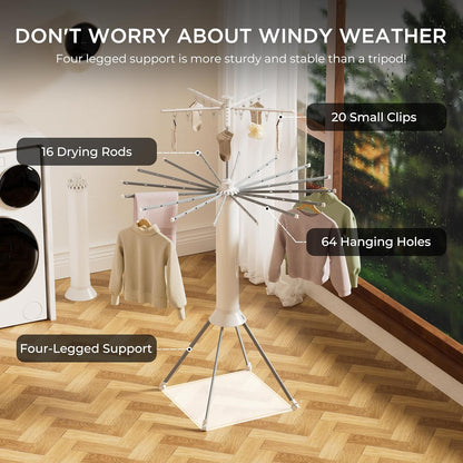 4-Legged Clothes Drying Rack, Portable Dryer Rack with 20 Clips, Outdoor Laundry Drying Rack with 4 Pulleys, Collapsible Drying Rack Clothing, Aluminum Hanging Dryer Rack for Clothes, Socks