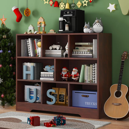 Book Shelf Set of 2, 8 Cubes Storage Organizer, 3-Tier Open Shelf Wooden Bookcase, Freestanding Cherry Bookshelf Cube Shelf for Bedroom, Living Room, Home Office