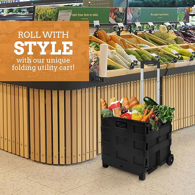 Inspired Living Collapsible Ultra-Slim Pack-N-Roll, 2 Wheel Utility Cart , With Telescopic Handle - Super Strong up to 80 Lbs Load Capacity, Black