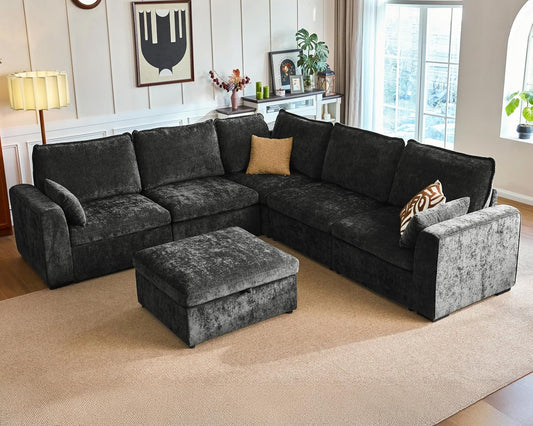 Oversized Modular Sofa Comfy Cloud Couch with Storage, Extra Deep Plush Sectional Sofa Set for Living Room, Covers Washable, Chenille, Olar (Black, 6-seatser with Corner & Ottoman, v-Shaped)