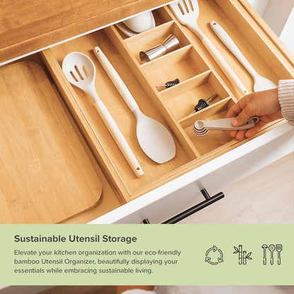 Adjustable Kitchen Drawer Organizer for Utensils and Junk, Food-Safe Contract Grade with 100% Sustainable Wood, Expandable from 19 to 33 Inches Wide - Natural Bamboo