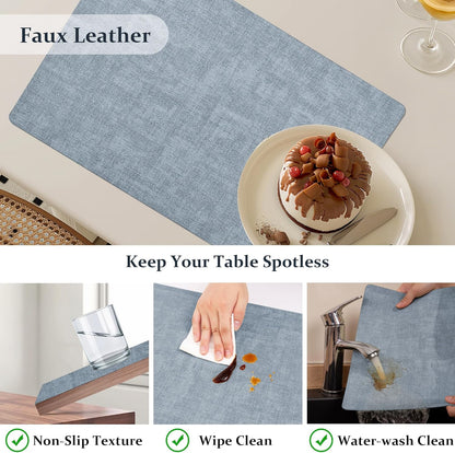 FROMHEART Faux Leather Placemats Set of 6–Waterproof,Heat/Oil Stain-Resistant PU Table Mat–Reversible,Non-Slip,Easy to Clean Place Mats for Kitchen,Dining,Indoor/Outdoor,(Light Blue,11.8" x 17")