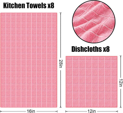 Homaxy Microfiber Kitchen Towels and Dishcloths Set, 12 Pack Soft and Absorbent Dish Hand Towels Bulk, 28 x 16 Inch & 12 x 12 Inch Quick Drying Rags for Washing Dishes, Pink