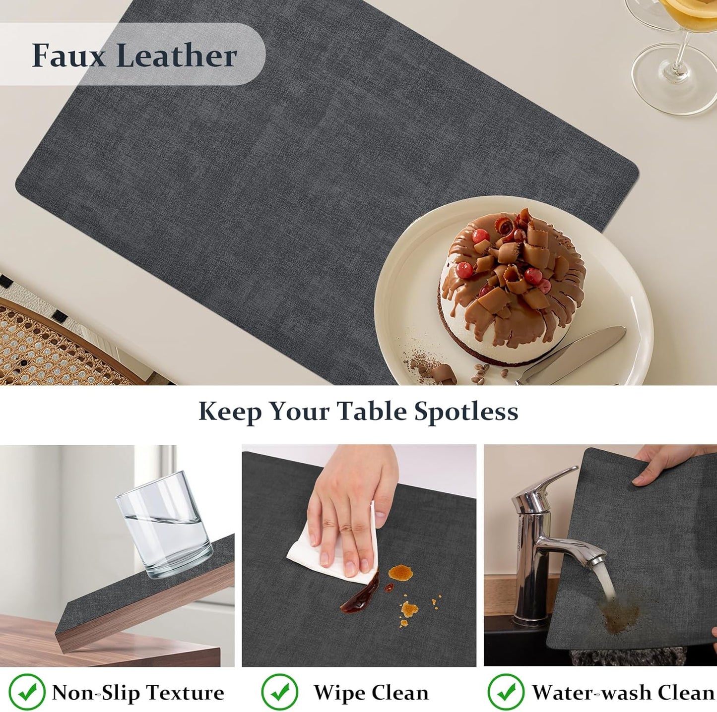 FROMHEART Faux Leather Placemats Set of 6–Waterproof,Heat/Oil Stain-Resistant PU Table Mat–Reversible,Non-Slip,Easy to Clean Place Mats for Kitchen,Dining,Indoor/Outdoor,(Dark Grey,11.8" x 17")