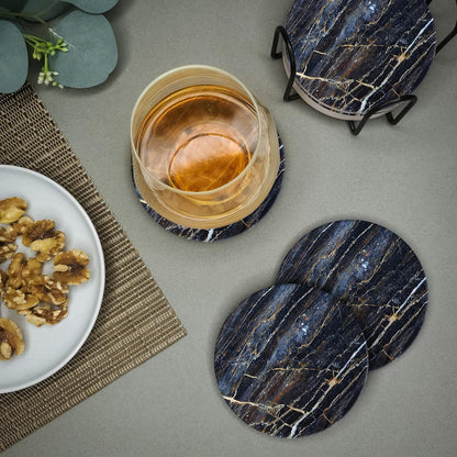 Emerson Coasters for Drinks Absorbent – Natural Stone Drink Coasters Set with Holder, Coasters for Coffee Table, Wooden Tabletop Protection Marble Style – 100% Heavy Duty Set of 6 (Thunder)