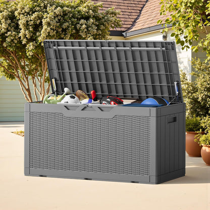 Greesum 100 Gallon Resin Deck Box Lockable Large Outdoor Storage Boxes for Garden Tools, Patio Furniture Cushions, Pool Supplies, Gray