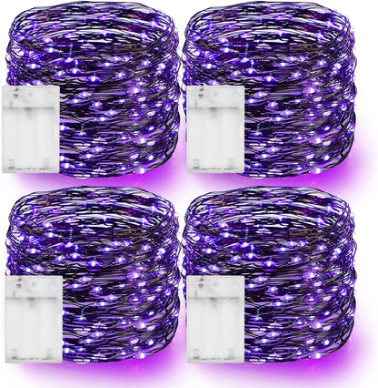 Dazzle Bright Purple Fairy String Lights, 4 Pack Total 80FT 240LED Copper Wire Battery Operated Waterproof Lights, Halloween Decorations for Indoor Home Outdoor Patio Yard Party Decor