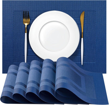 Placemats Set of 4 - Easy Clean Woven Vinyl Placemats for Dining Table, Indoor/Outdoor Place Mats, Washable PVC Table Mats（Navy Cube）