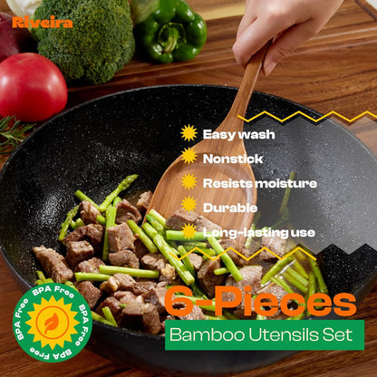 Riveira Brown Bamboo Wooden Spoons for Cooking Set of 6 – Natural Brown Bamboo Wooden Cooking Utensils, Wooden Spatula, Wooden Spoon - Premium Quality Wooden Utensil Set for Non-Toxic Cooking