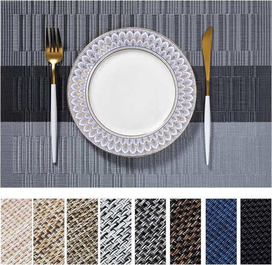 LEXMORE Placemats Set of 4 Vinyl/Plastic Woven Place Mats for Kitchen Table Indoor/Outdoor Washable Placemat Wipeable Dining Table Mats(E-Silver Gray Black)