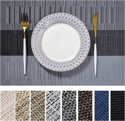 LEXMORE Placemats Set of 6 Vinyl/Plastic Woven Place Mats for Kitchen Table Indoor/Outdoor Washable Placemat Wipeable Dining Table Mats(E-Silver Gray Black)