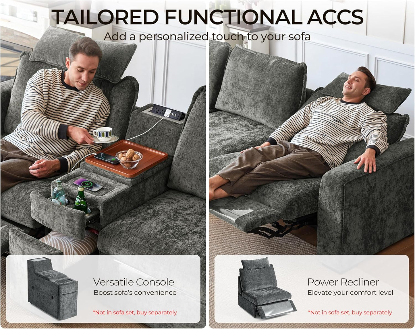 Oversized Modular Sofa Comfy Cloud Couch with Storage, Extra Deep Plush Sectional Sofa Set for Living Room, Covers Washable, Chenille, Olar (Grey, 3-Seater, Basic Shape)