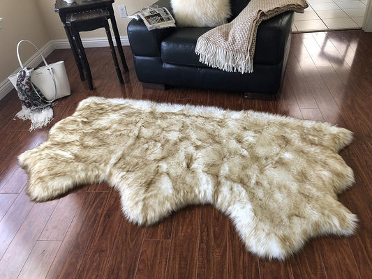LAMBZY Faux Sheepskin Hypoallergenic Free Shape Silky Shag Rug, Luxury Shaggy Silky Plush Carpet for Bedrooms Rugs Living Sofa Floor (Triple Side by Side 3'x6', White with Brown Tips)
