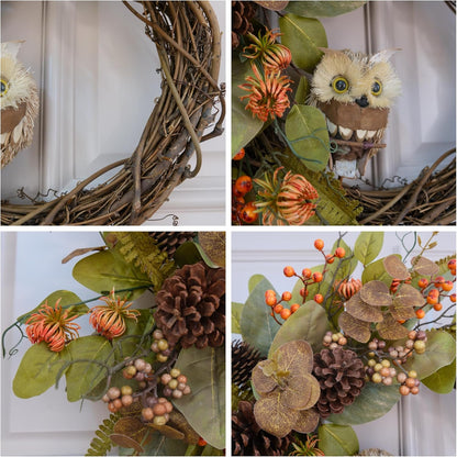 Fall Owl Wreath for Front Door 24 Inch, Autumn Natural Pine Cones Faux Eucalyptus Magnolia Leaf Berry Wreath, Fall Decor for Home Farmhouse Door Wall Window Porch Indoor/Outdoor