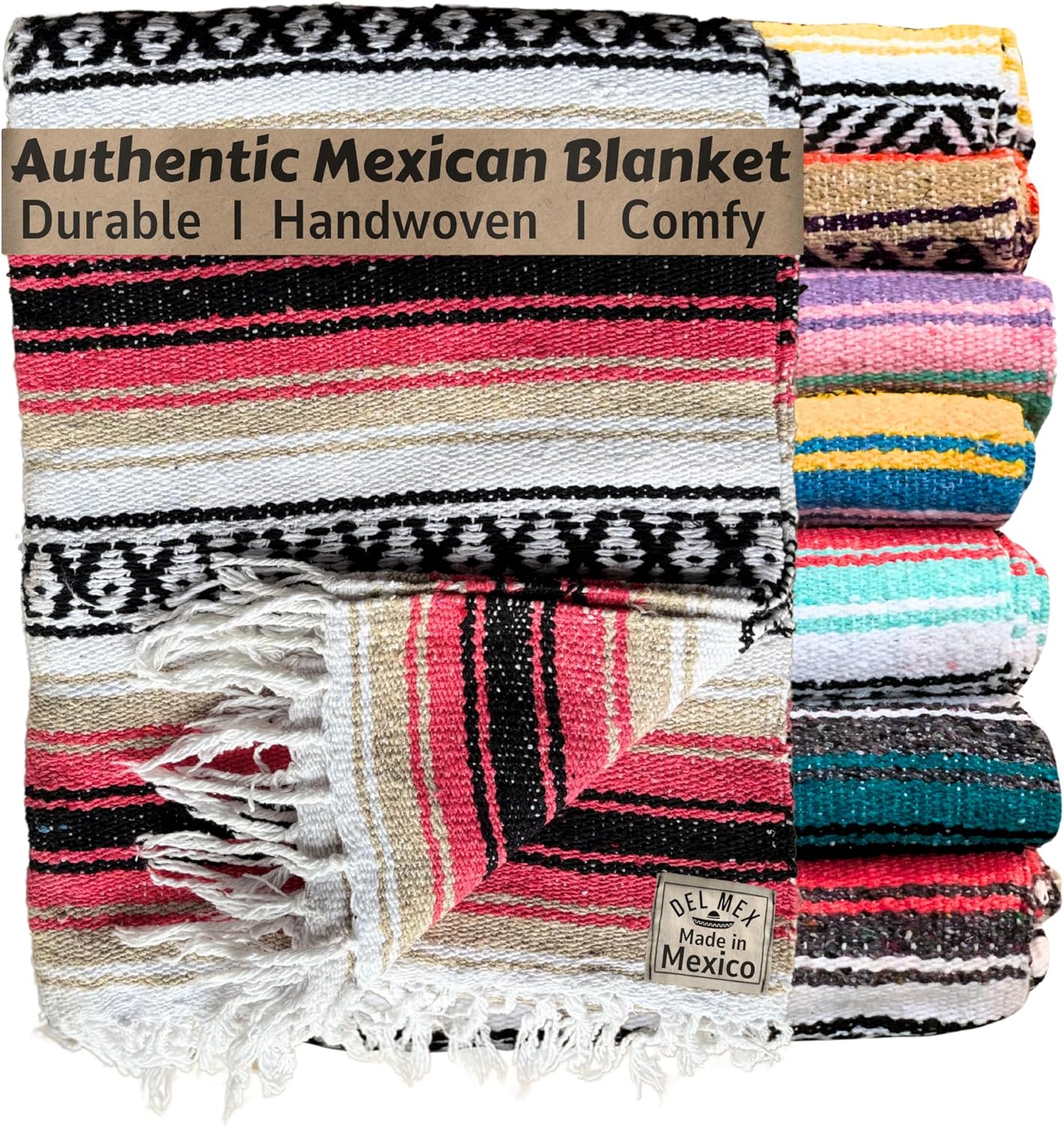 Del Mex Classic Mexican Blanket, Large Authentic Woven Falsa Throw (70"x50"), Artisan Southwest Décor for Beach, Yoga, Outdoors (Pink/Tan)