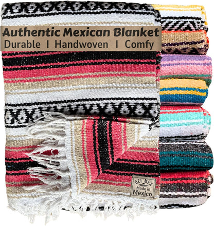 Del Mex Classic Mexican Blanket, Large Authentic Woven Falsa Throw (70"x50"), Artisan Southwest Décor for Beach, Yoga, Outdoors (Pink/Tan)